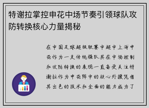 特谢拉掌控申花中场节奏引领球队攻防转换核心力量揭秘 特谢拉掌控申花中场节奏引领球队攻防转换核心力量揭秘